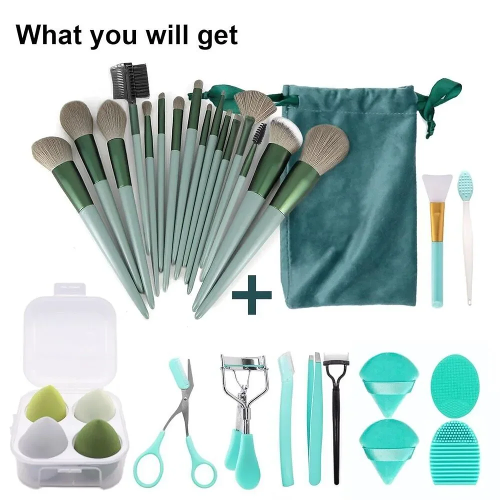 30 Pieces Green Makeup Kit Foundation Eyeshadow  Large Brushes Set